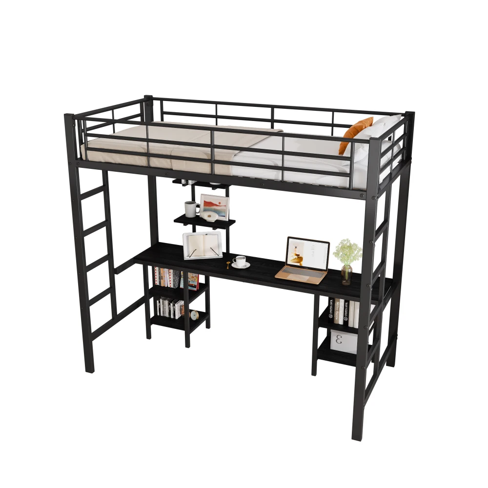 90x200cm Bett mit Eisenrahmen, Etagenbett mit Tisch und Regalen, für Kinder und Jugendliche, Kinderbett mit Seitenleiter und Fallschirmgitter – Detail 37