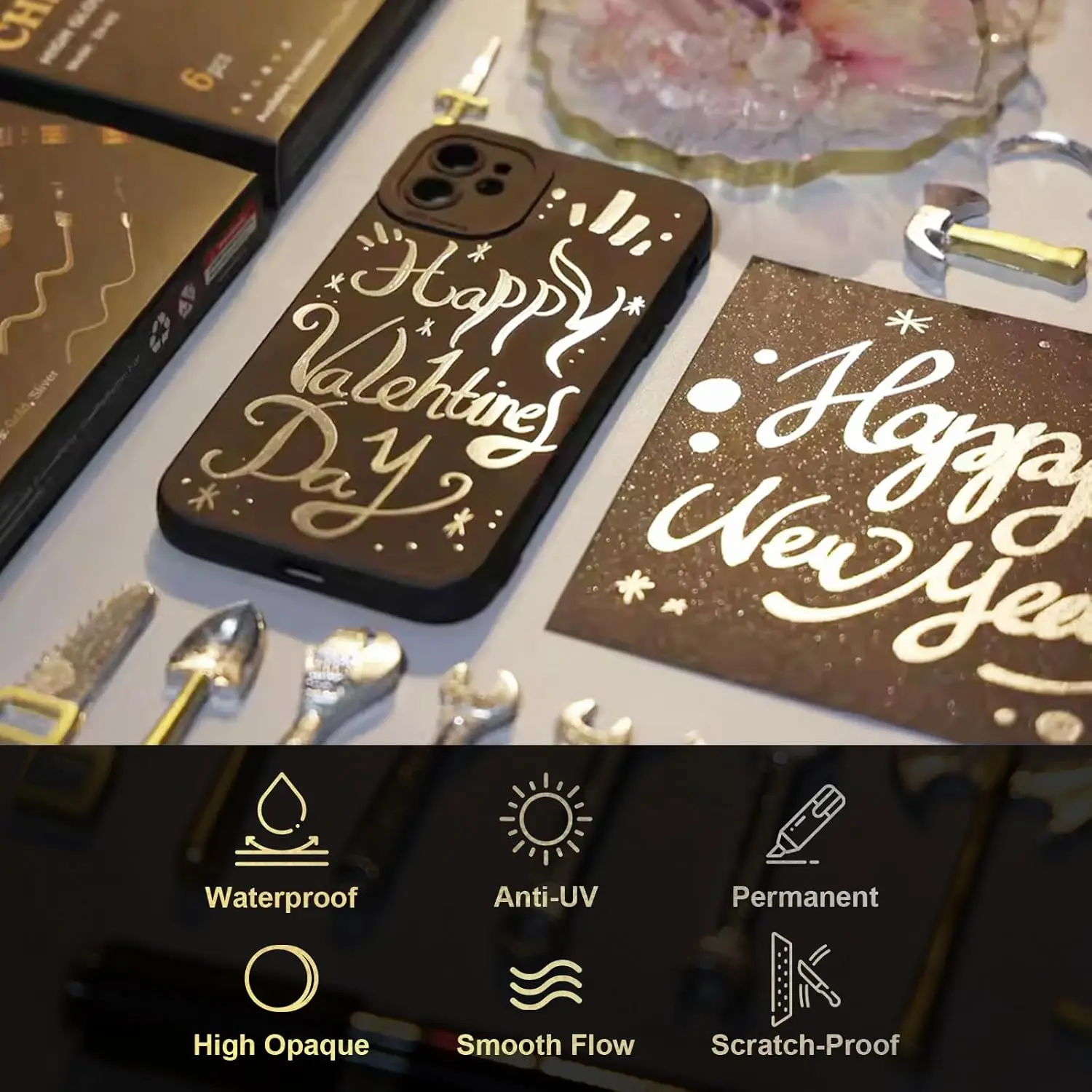 1/2Pcs 크롬 미러 페인트 마커 - 자동차 스타일링 모델 금속 목재 공예용 2mm 반사 유체 펜 실버/골드 잉크