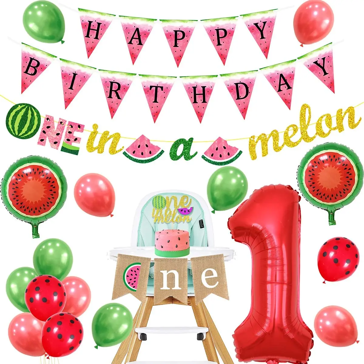 

Watermelon Balloons for First Birthday Decorations, One in a Melon Garland, Cake Topper, Summer Fruit Theme
