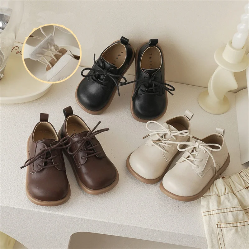 Children Leather Shoes Girl's British Solid Hook-loop Quality Leather Shoes Soft Sole Non-slip Princess Single Shoes Size 21-30