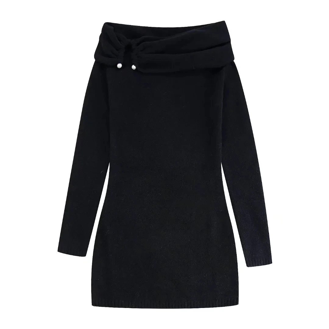

TRAF Women's Knit Mini Dress Sexy Off Shoulders Black Dresses Female Draped Straight Neck Short Dress Woman Long Sleeves Dresses
