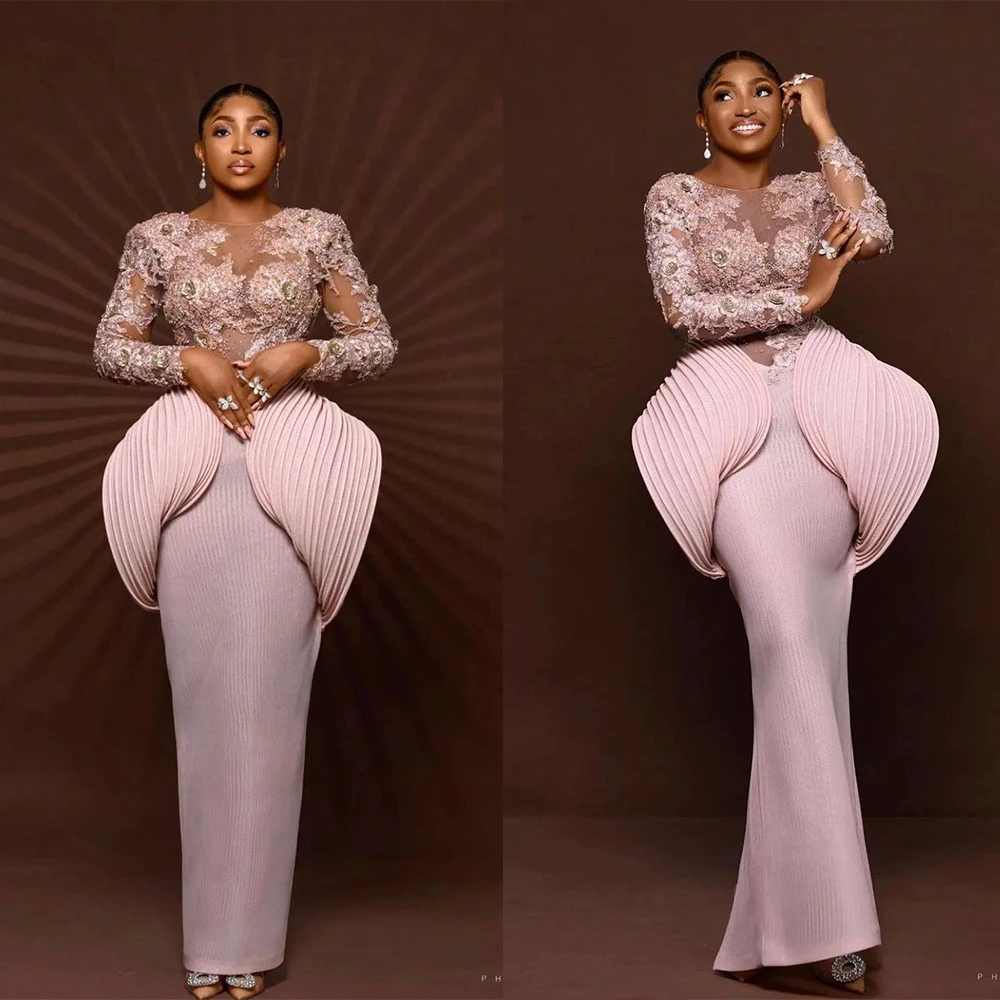 

Fashion Pink Evening Dress Appliques O-Neck Full-Sleeve Women Elegant Mermaid Prom Party Gown Satin Robe De Soiree Vestidos