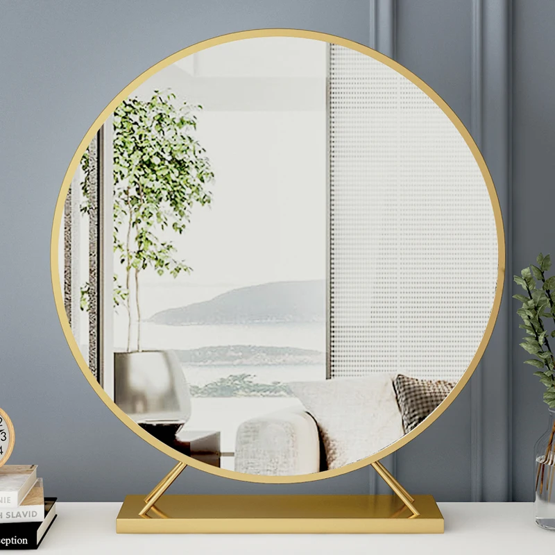 

Golden Makeup Luxury Mirror Circle Desk Vanity Standing Bathroom Mirror Aesthetic Espejo Adhesivo Pared Decoration Living Room