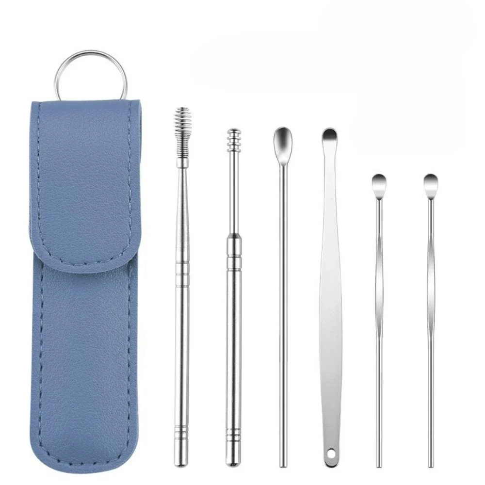 Stainless Steel Ear Digging Spoon Leather Cover 6pc Cleaner Scoop Double-Headed Spiral Cleaning Health Care Ear Picking Tool Set 4