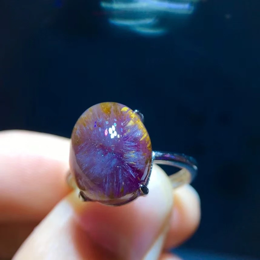 

Natural Purple Cacoxenite Red Auralite 23 Adjustable Ring Women Men 13.3/11mm Oval Gold Rutilated Quartz Pi Xiu Carved AAAAAA