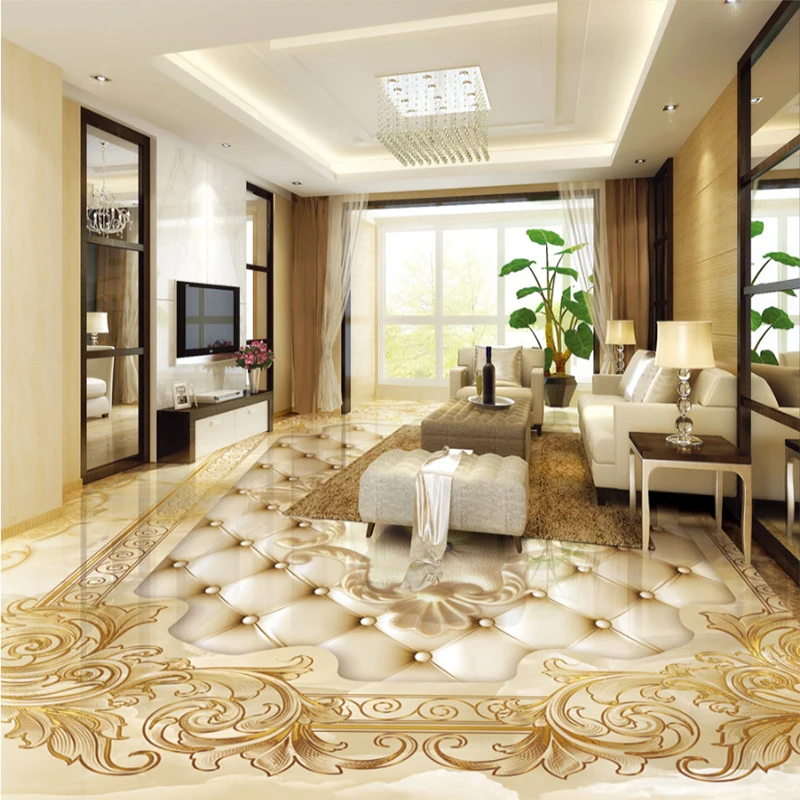 Custom Floor Mural Wallpaper European Style Luxury Gold Rose Marble Soft Roll 3D Floor Tile Sticker Living Room PVC Home Decor