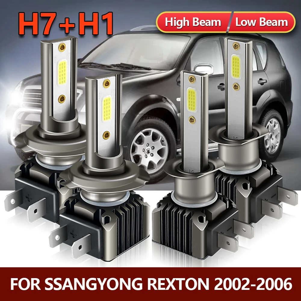 

4x LED Headlight MINI Bulbs High Beam H1 + Low H7 Combo Car Conversion Lamps For Ssangyong Rexton 2002 2003 2004 2005 2006