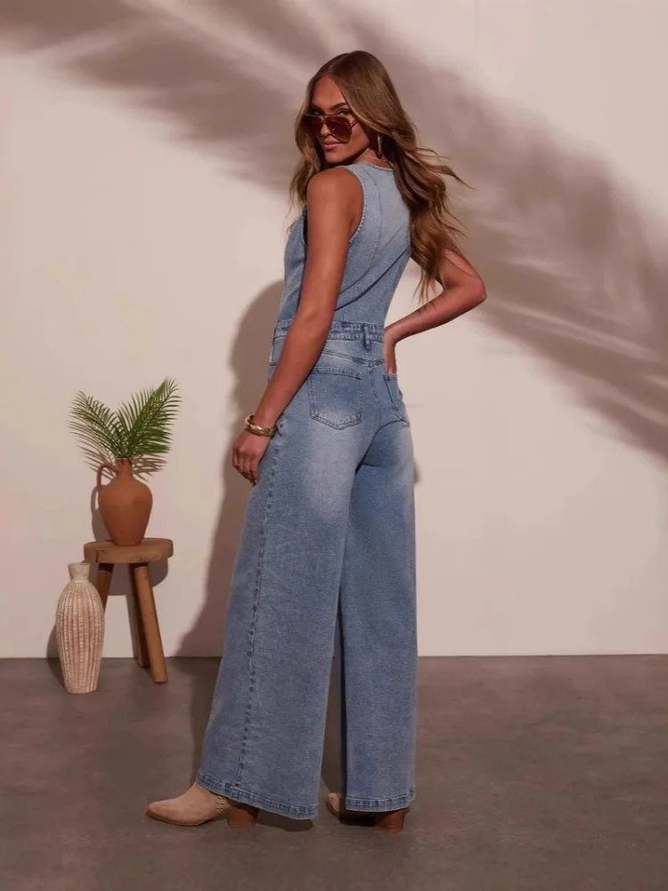 Wmstar Jumpsuits Rompers Women Wholesale New American Summer Casual V Neck Sleeveless Denim Jumpsuit for Woman Luxury 2025
