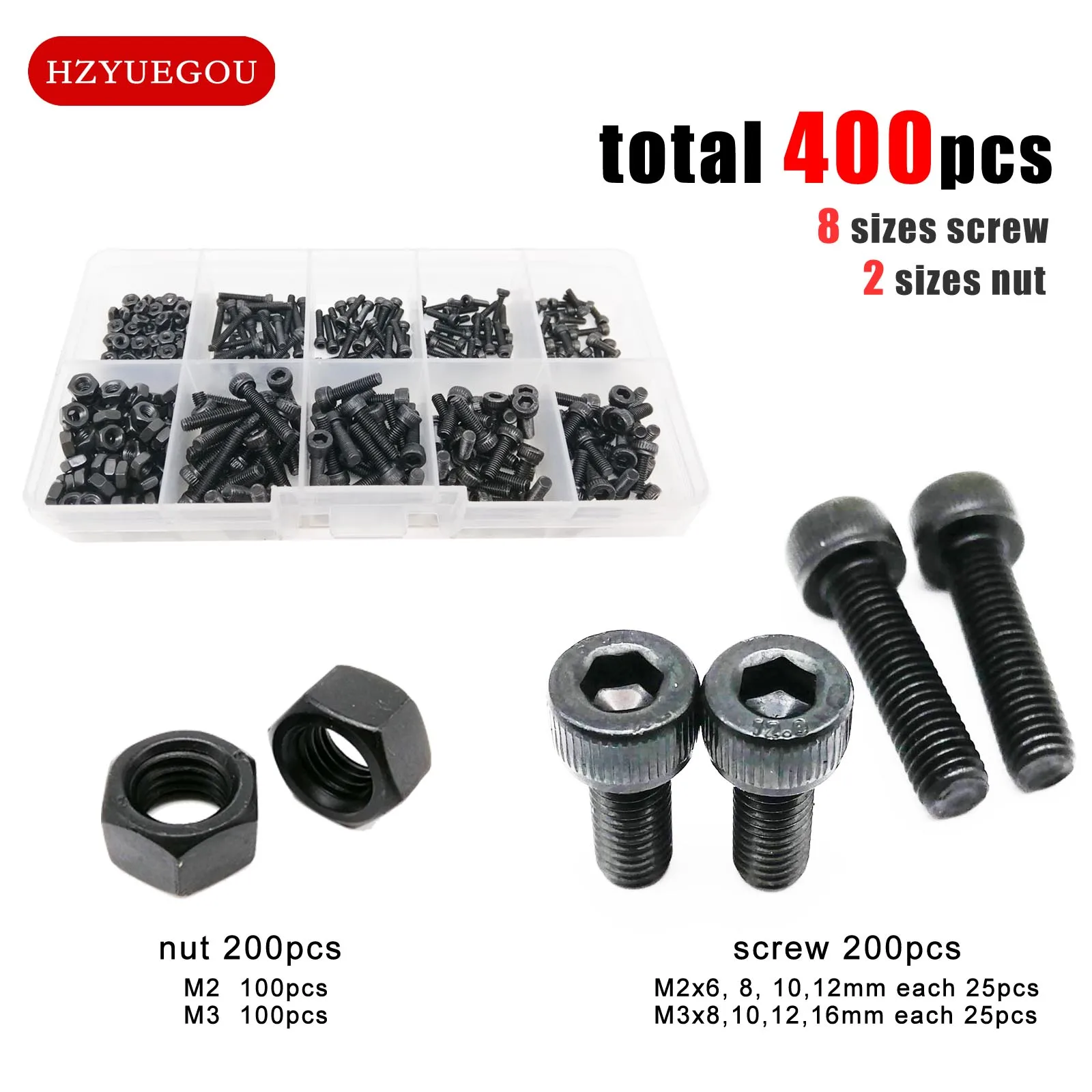 Description Picture 3 of item400pcs M2 M3 10 Sizes Allen Hexagon Hex Socket Head Cap Screw Bolt Hex Nut Set Mix Assortment Kit Box Black Grade 12.9 Steel