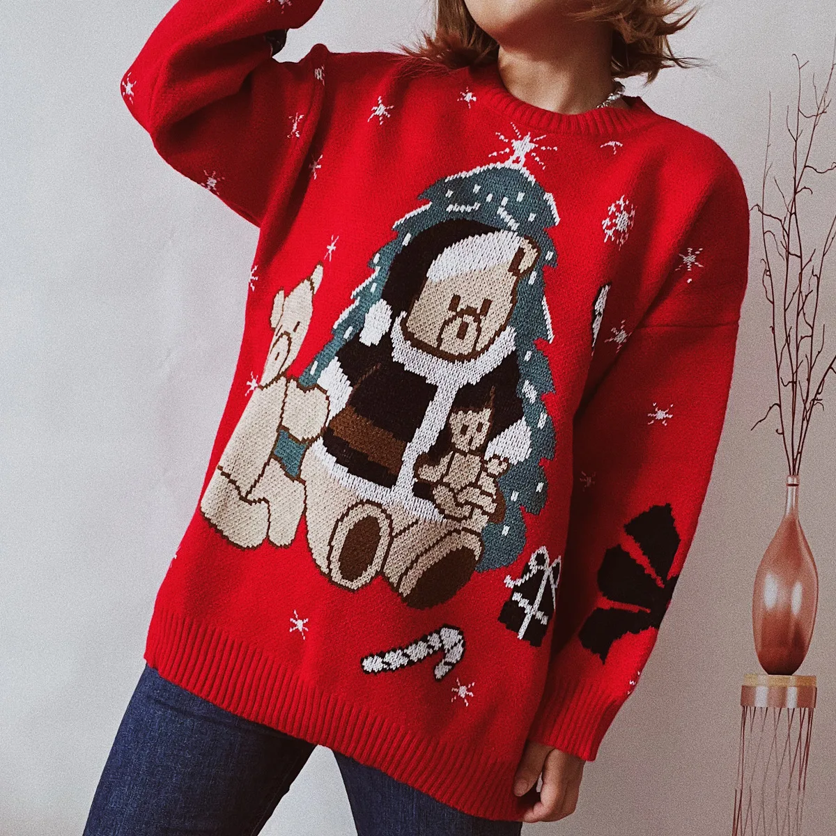 

2023 Christmas Sweater Casual Loose Thick Christmas Bear Round Neck Long Sleeve Bottom Jumper Woman sueter mujer invierno