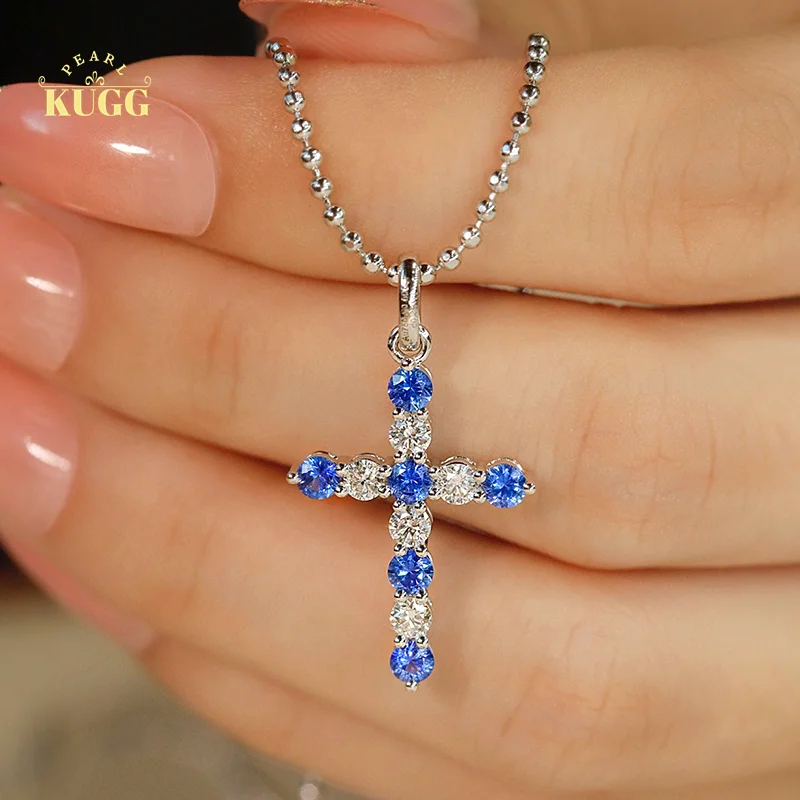 

KUGG 18K White Gold Necklace Luxury Cross Design Natural Sapphire Shiny Diamond Gemstone Necklace for Women High Party Jewelry