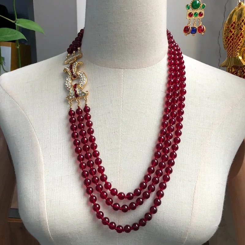 rench Romantic Retro Multi layered Pomegranate Red Glass Beads Sweater Chain Bracelet Necklace