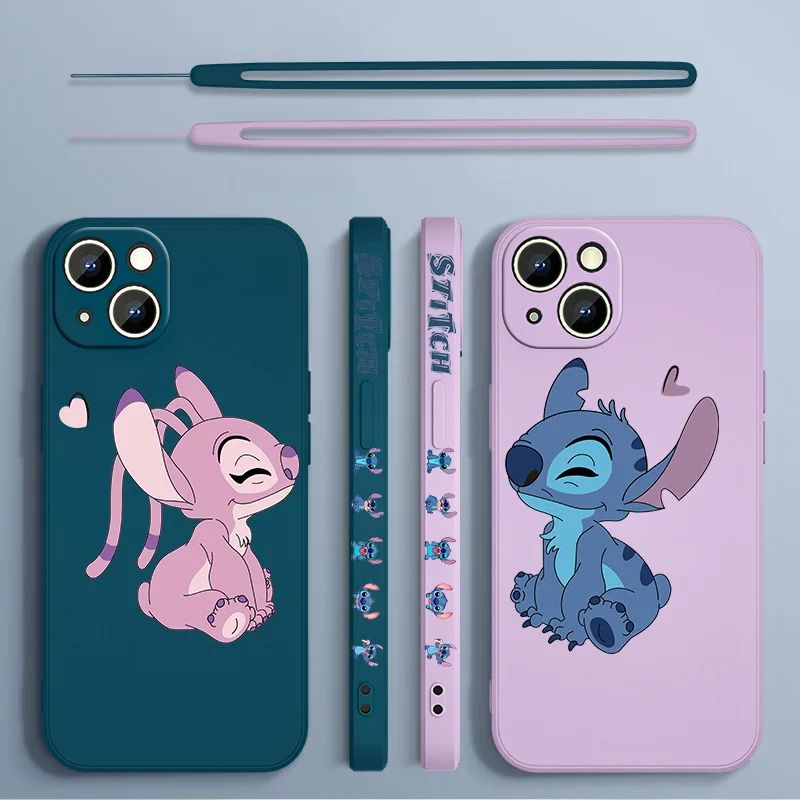 Stitch The Baby Disney Cover For Apple iPhone 13 12 11 Pro Max mini XS XR X 8 7 6S 6 Plus Liquid Left Rope Phone Case iphone 13 pro max leather case