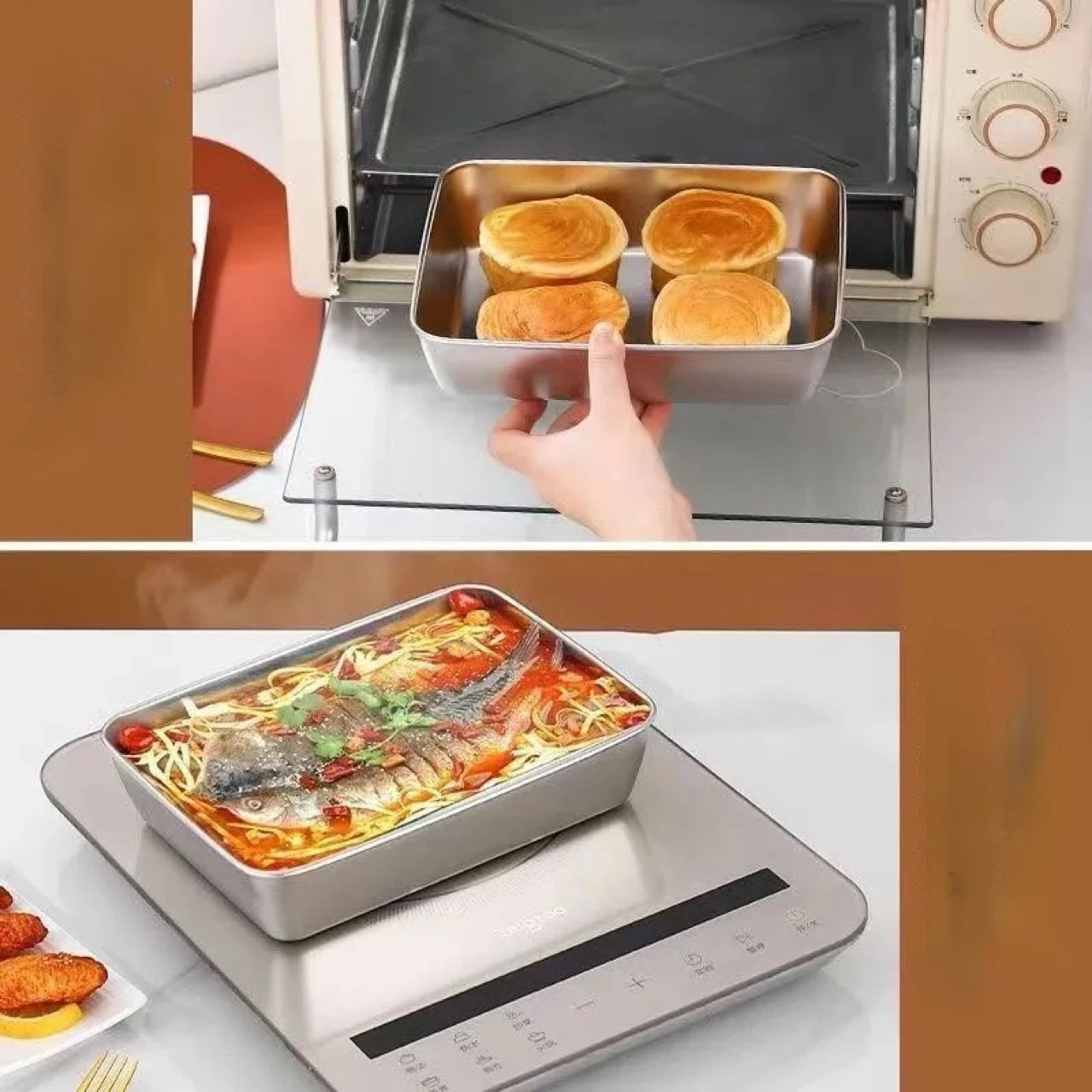 3PCS cover Stainless steel food grade thickened square plate, cold dish plate, steaming plate, barbecue multi-purpose plate