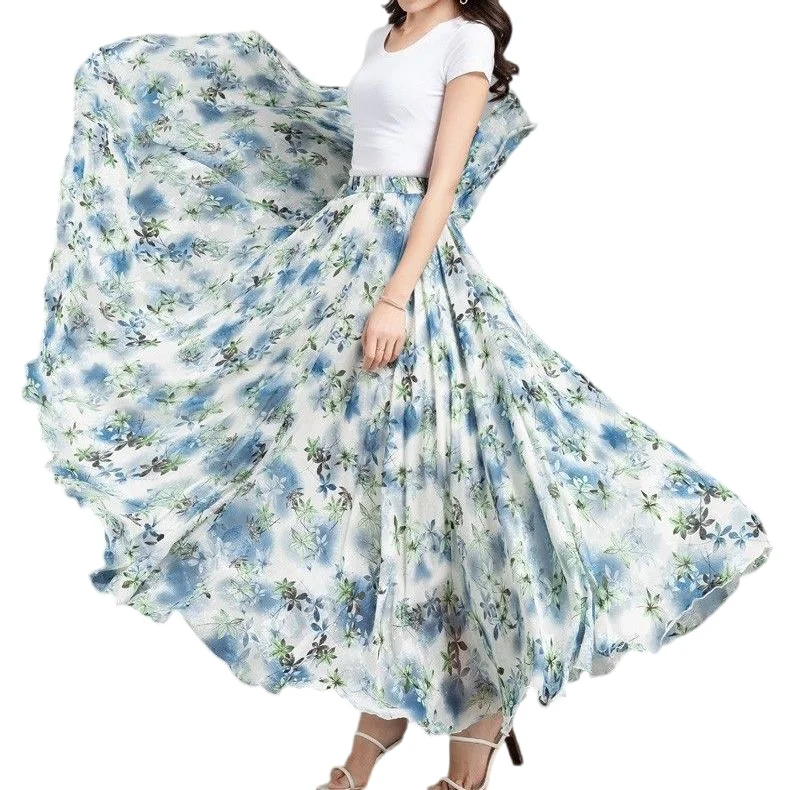 

Fashion Women Custom Made Flower Print Long Chiffon Skirt Summer Spring A-Line High Elastic Waisted Bohemian Beach Skirt