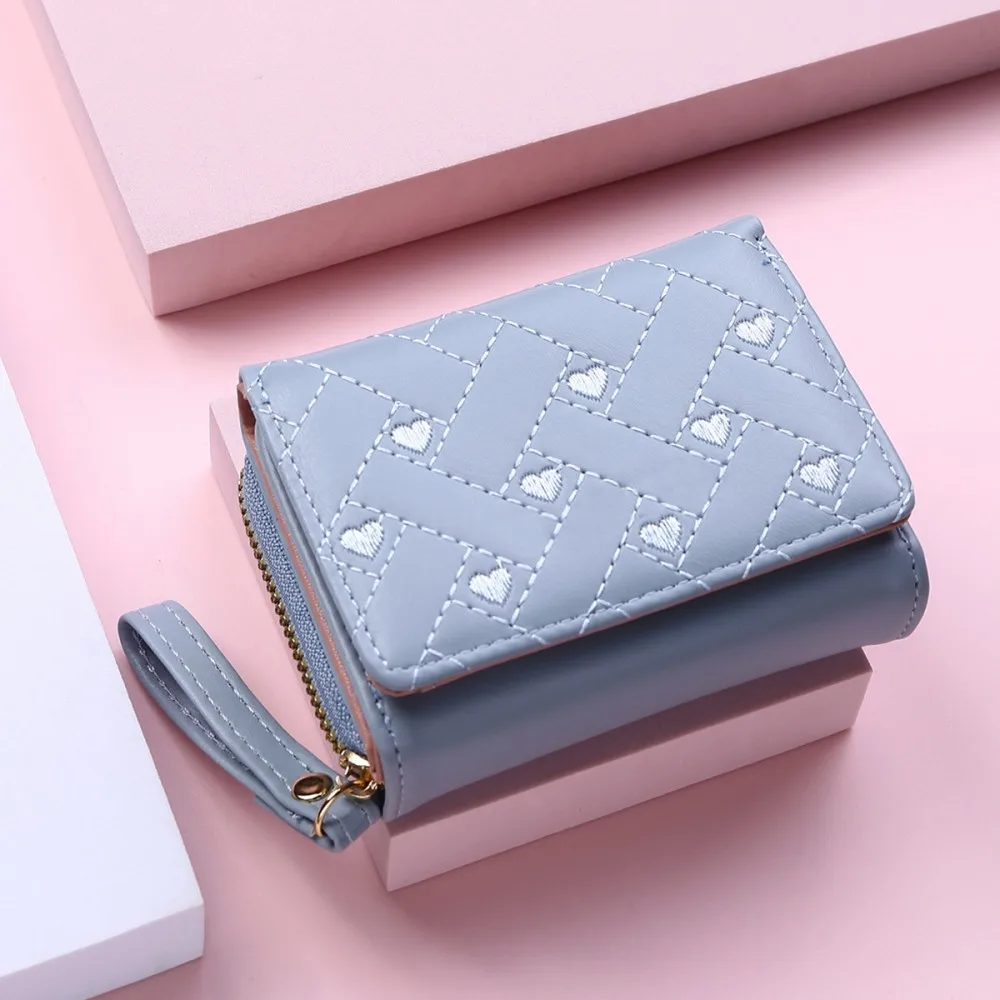 Short Wallets Trifold Card Case Pu Leather Multi Cards Position Candy Colors Women Fashion Embroidery Love Zipper Coin Purses short hollow out glitter heart women wallets solid color zipper coin purses female pu leather card holder small clutch money bag