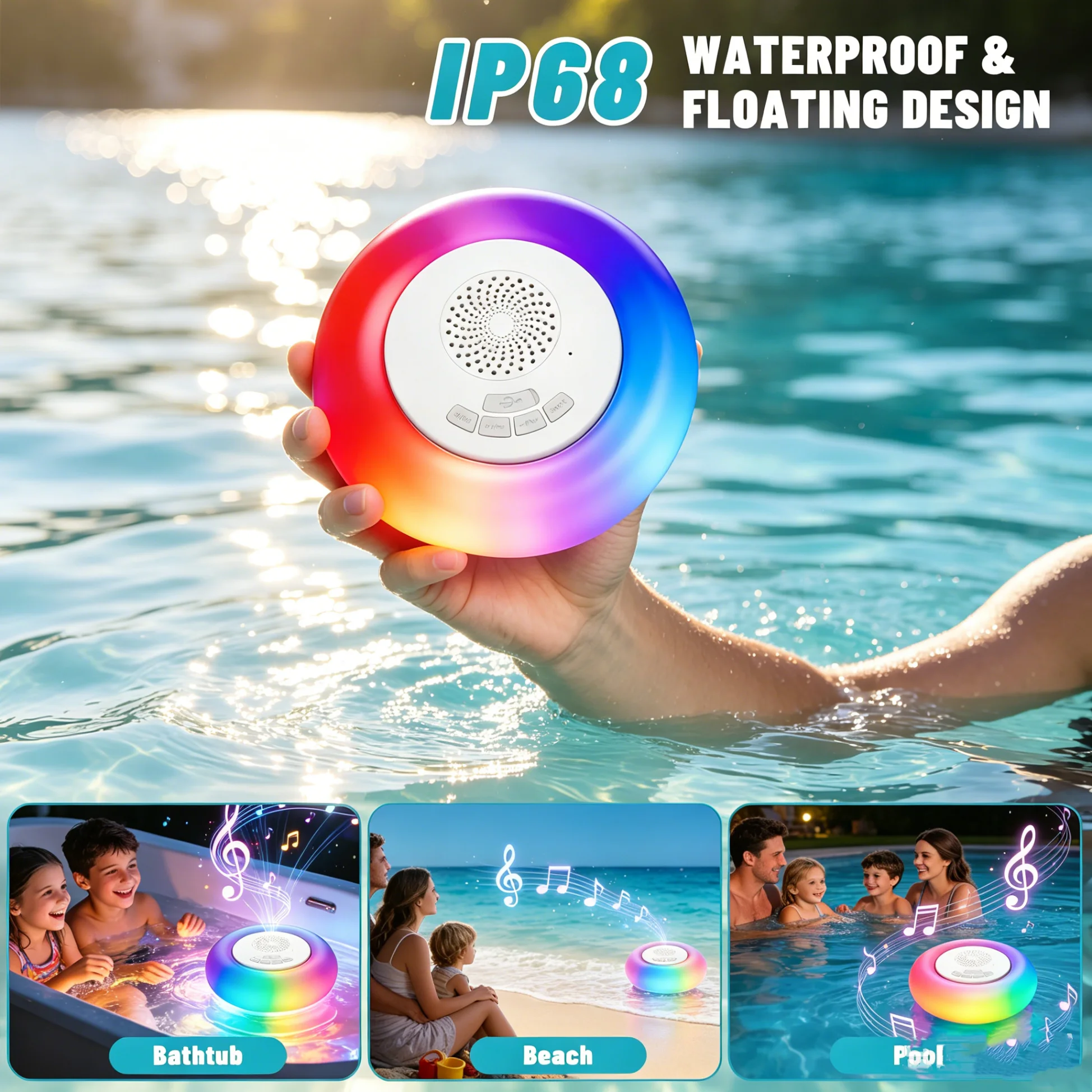 블루투스 스피커가 포함된 플로팅 풀 조명 2팩, IP68 RGB LED 2-in-1, 360 ° 수영장 스파 야외 파티를 위한 서라운드 사운드
