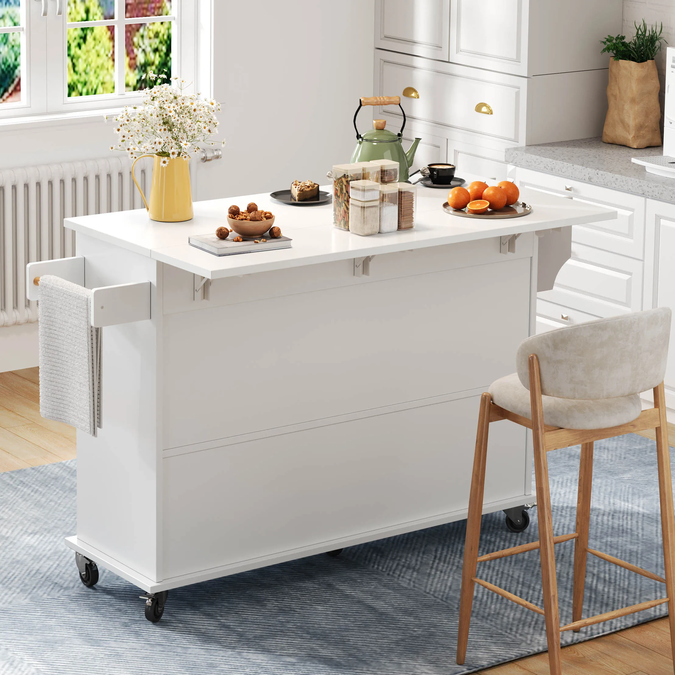 Kücheninsel mit herunterklappbarer Arbeitsplatte, Küchenwagen auf Rollen, Küchenschrank mit 4 Türen und 1 Schublade, integriertem Gewürzregal – Detail 8