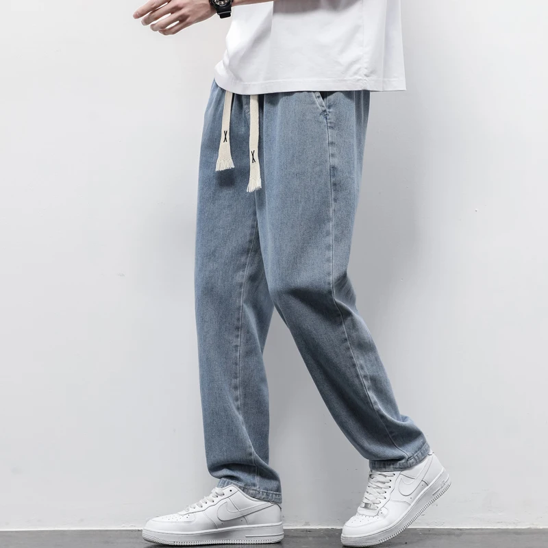 

Spring Autumn Men's Jeans Cotton Drawstring Straight Pants High Street Korea Casual Men Woman Denim Trousers Big Size S-5XL
