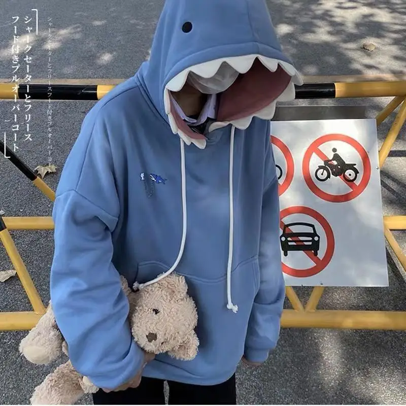2025 Fall Japanese Kawaii Shark Hoodie - Plush Fleece Oversized Unisex Pullover with Fun Ear Hood Club outfits for women 2025