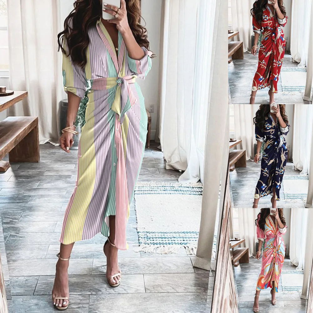 

Button Elegantes Long Dress 2023 Summer Women Vintage Striped Leopard Print Shirt Dresses Bandage Vestidos De Mujer Casual Robe