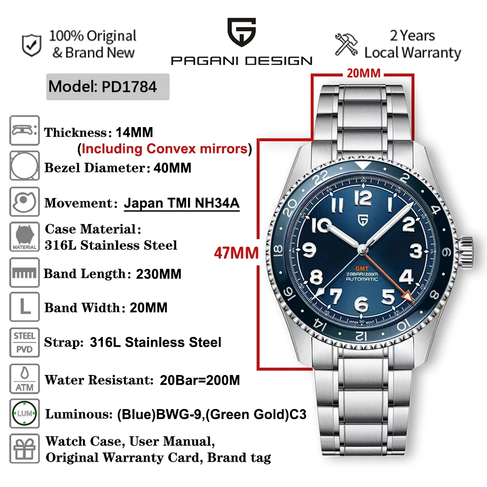2024 New PAGANI Design PD1784 Top Brand 40MM Men's  Automatic Mechanical Watches Nh34 Sapphire 200M waterproof Relogio Masculino