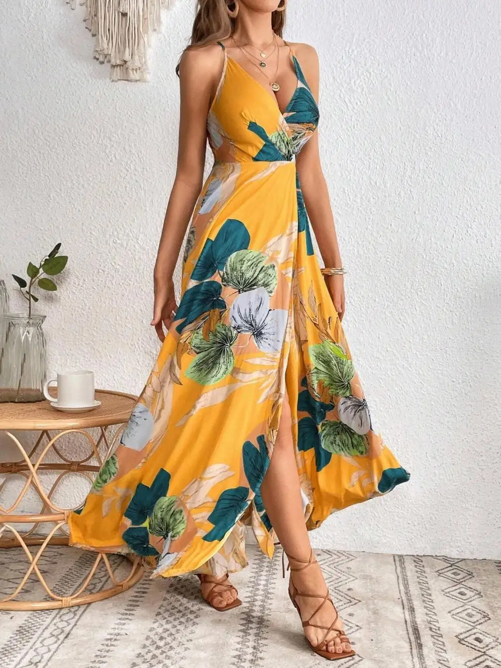 Fashion Flower Print Spaghetti Strap Dresses Women Sexy V-neck Backless Slit Long Dress Bohemian Style Vacation Beach Vestidos
