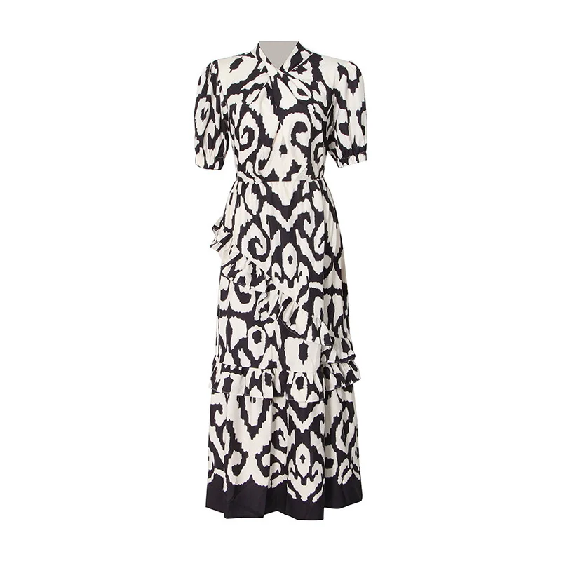 

Fashion Women Leopard Dress Summer Clothes Ruffle Short Sleeve Long Maxi Lady Dresses Fashion Outfits