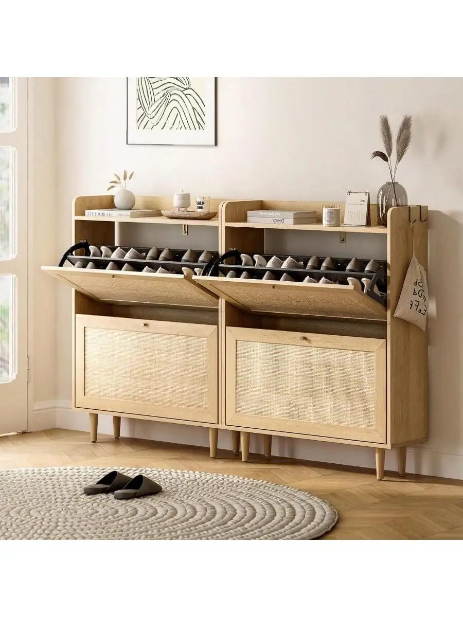 Rattan Storage Shoe Cabinet with 2 Flip Drawers Farmhouse Freestanding Organizer with Wooden Legs Boho Hidden Narrow Sho 6