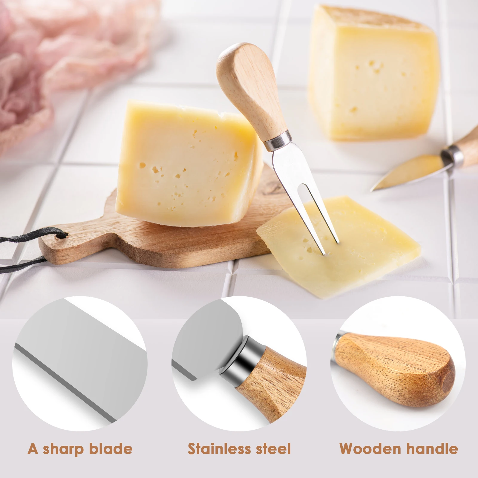 Cheese Cutter Set Cheese Knives Utensils Wood Holder Board Butter Spatula Fork Kitchen Tools