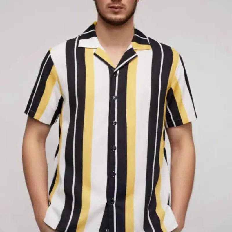

Home High Quality Oversize Men Loose Versatile Beach Wear Shirt Outfit Button Contrast Striped Printed Short Sleeve Lapel Collar