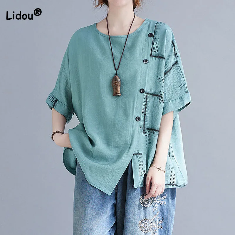 

Female Casual Loose Solid Color Printed Irregular T-shirt Chic Button Spliced Vintage Round Neck Tops Summer Women's Clothing