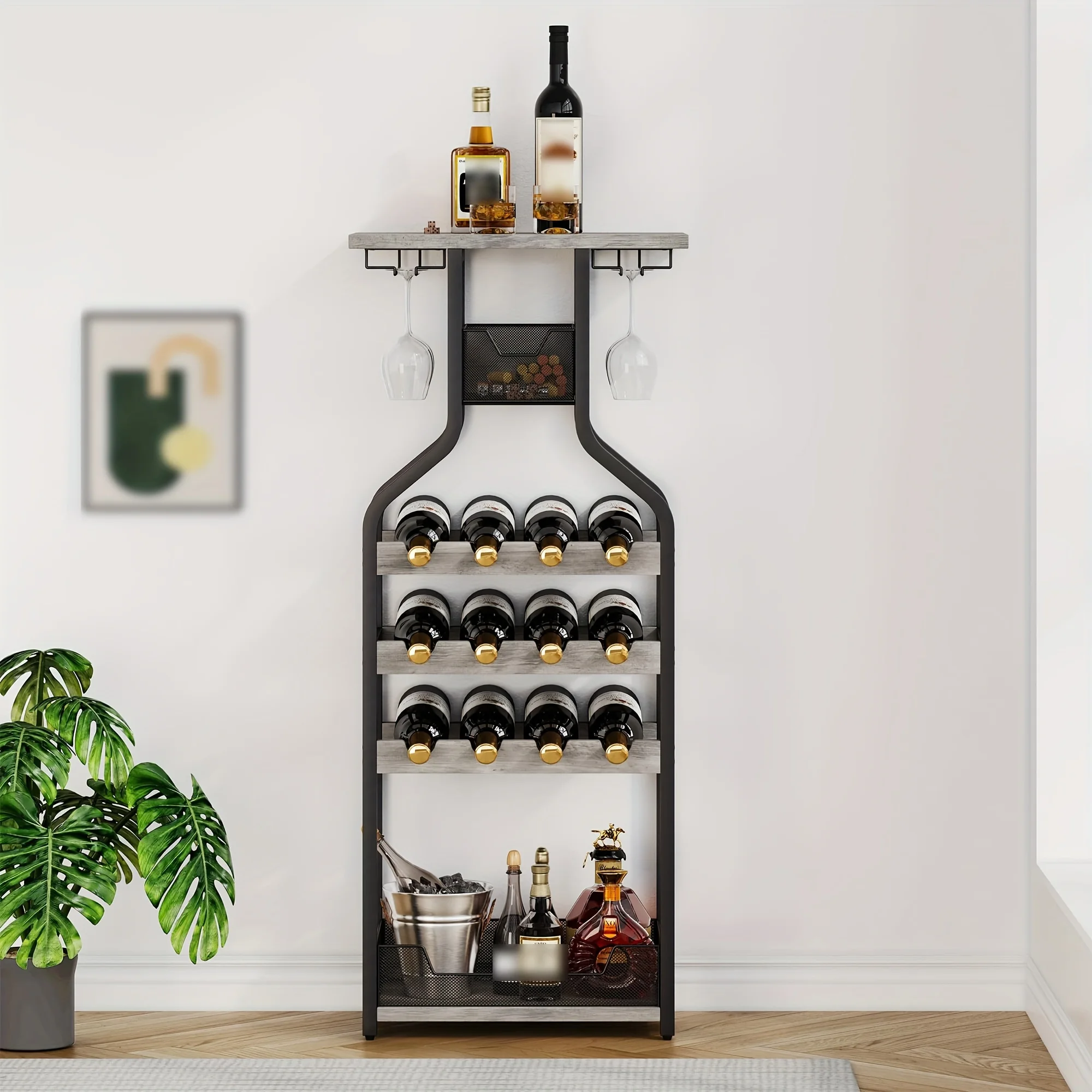 

Contemporary Metal & Wooden Wine Rack, Freestanding Floor Stand with Glass Holder, Rustic Grey Wine Storage Organizer Display fo