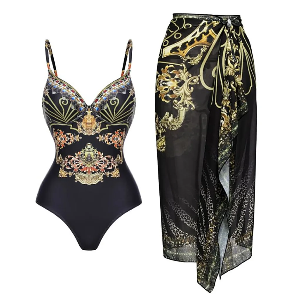 New Sling Black and Gold Printed One-piece Swimsuit Suit Surf Wear Swimwear Women Cover Up Bathing Suit Summer Beach Wear