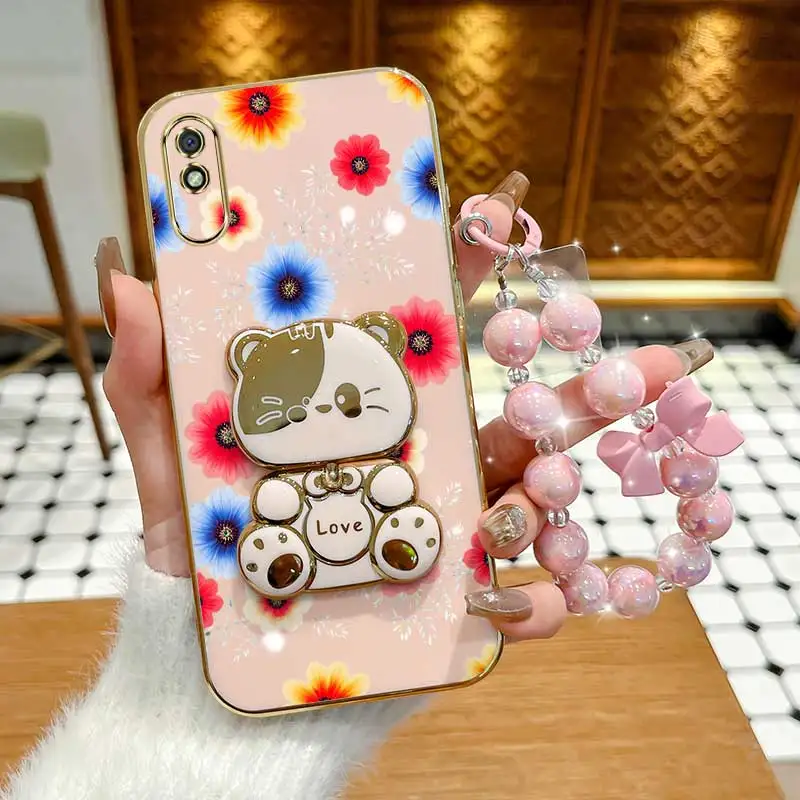 Colorful Flowers Phone Accessory Set: Case, Lanyard & Rabbit Stand