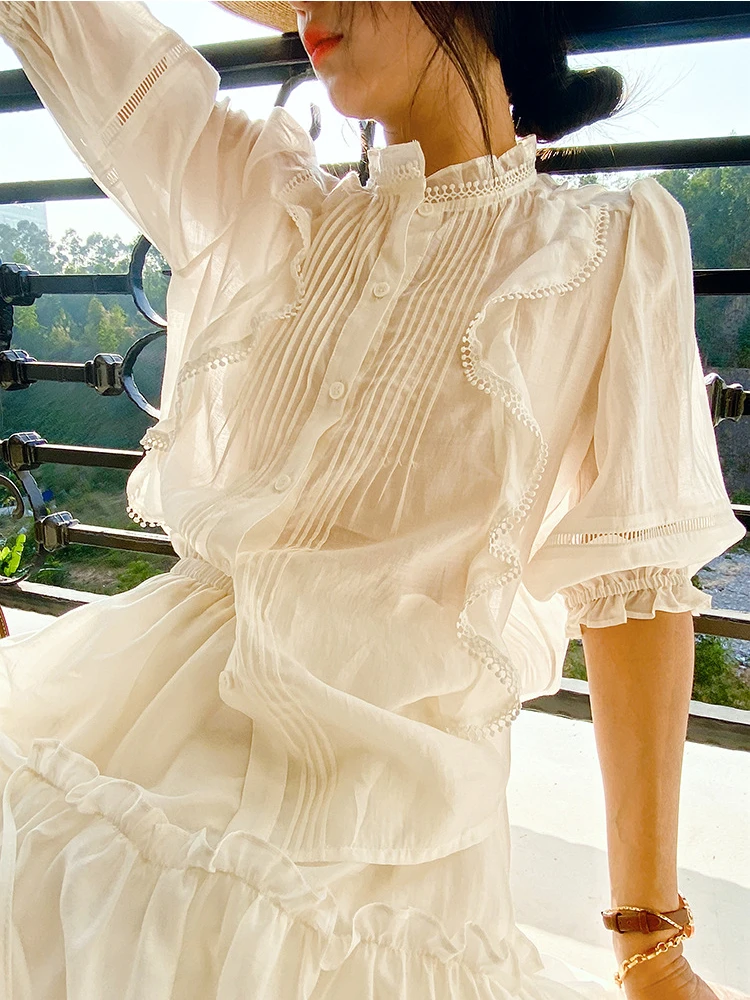 

Gypsylady Beige Elegant Chic Shirt Blouses Sheer Summer Women Blouses Sheer Sexy Puff Sleeve Office Ladies Shirt Blouses Tops