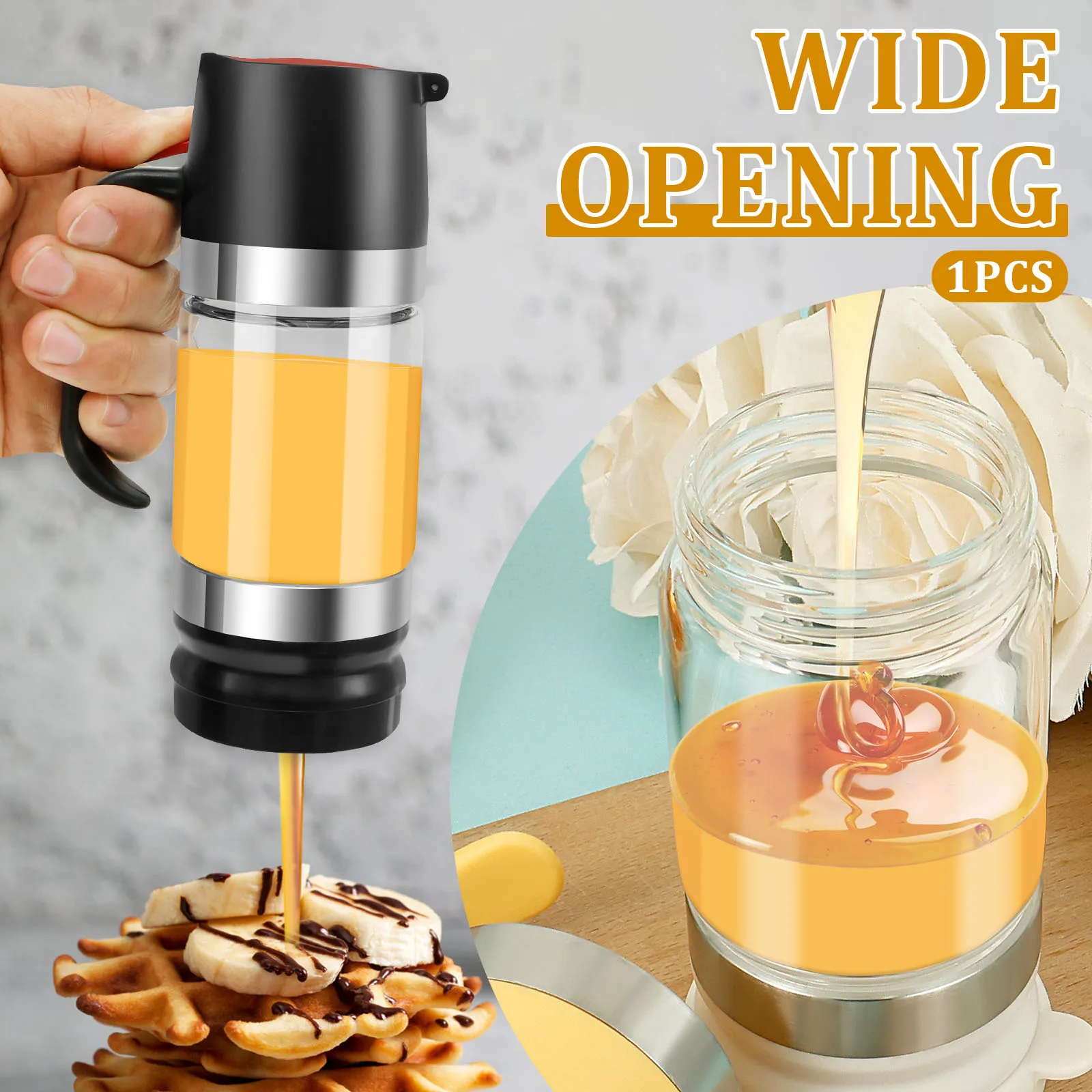 Glass Honey Dispenser Pot 300ml Easy Refill Syrup Dispenser Jar Handle Spoon Honey Jar Clear Maple Syrup