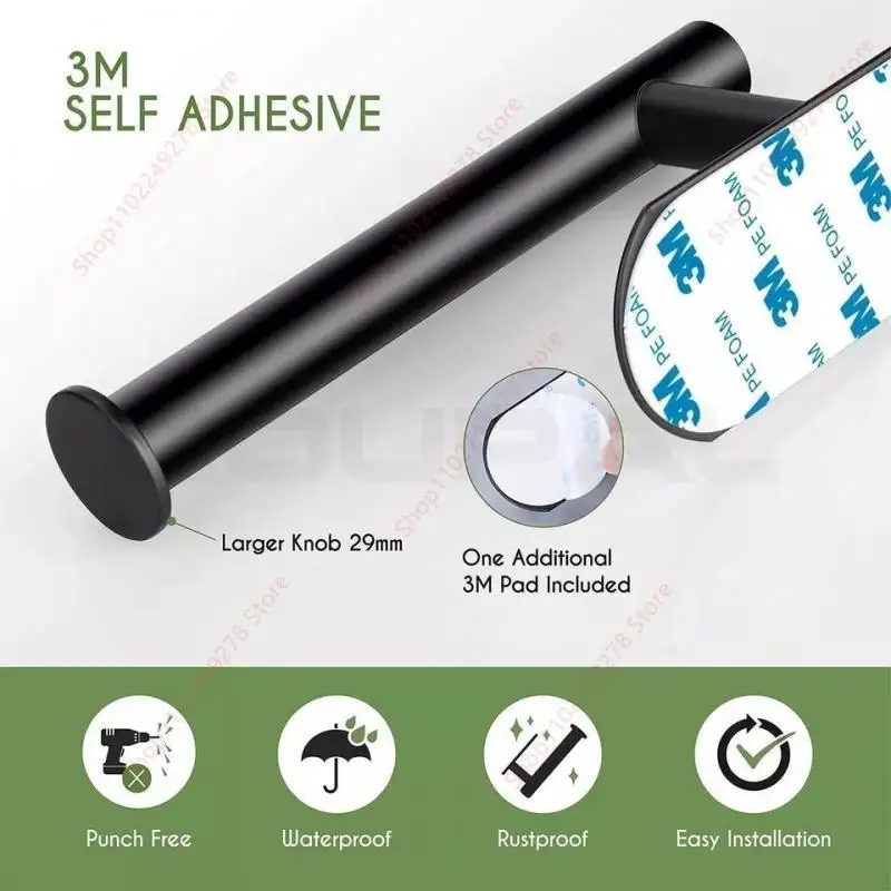 Stainless Steel No Drilling Self-Adhesive Towel Bar Paper Holder Robe Hook Towel Rack Black Silver Gold Bathroom Hardware Set