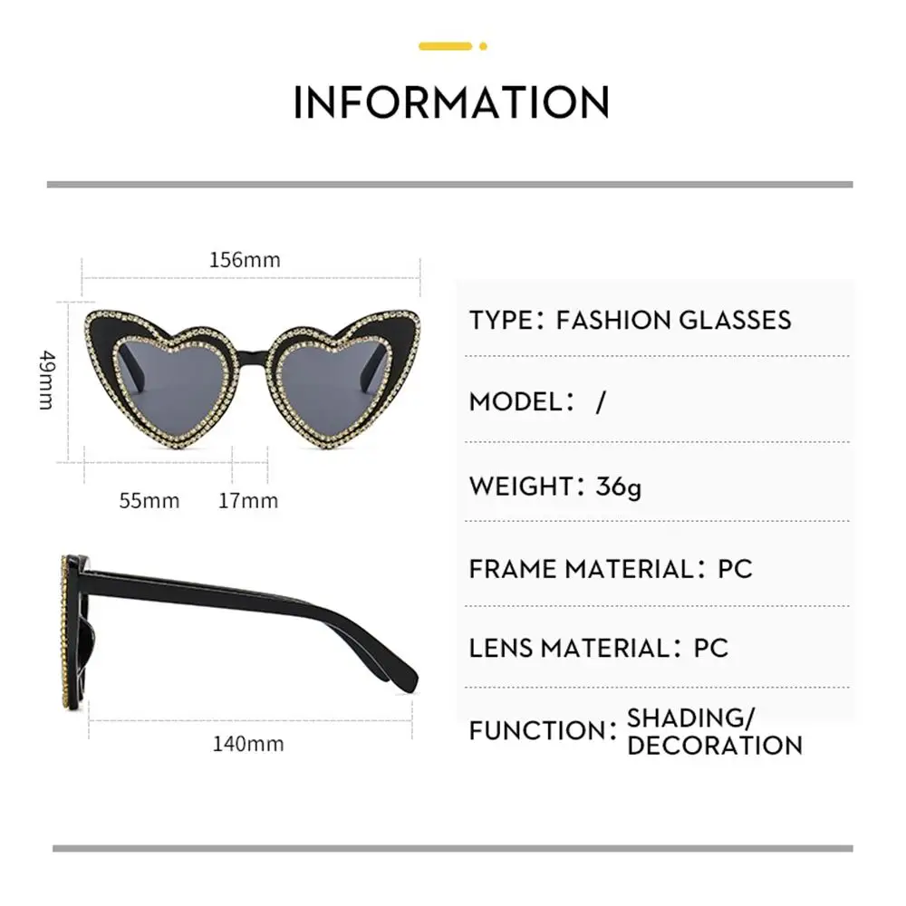 Retro Shining Hip Hop Ladies Eyewear Heart Sunglasses Heart-Shaped Sunglasses for Women Diamond Sun Glasses