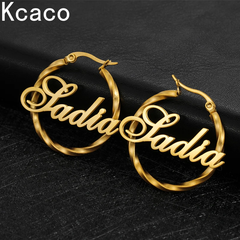 2022 Personalized Stainless Steel Name Hoop Earrings For Women Twisted Wire Cricle Earrings Weddings Party Jewelry tangula custom name hoop earrings personalized letter nameplate circle earring gold color stainless steel jewelry for women gift