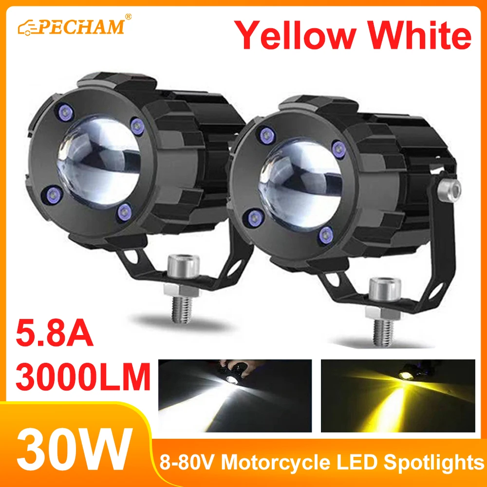 

30W Motorcycle Mini Driving Light Led Dual Colo for Headlight Auxiliary Spotlight Lamp ATV Scooter Moto Fog Light Accessories