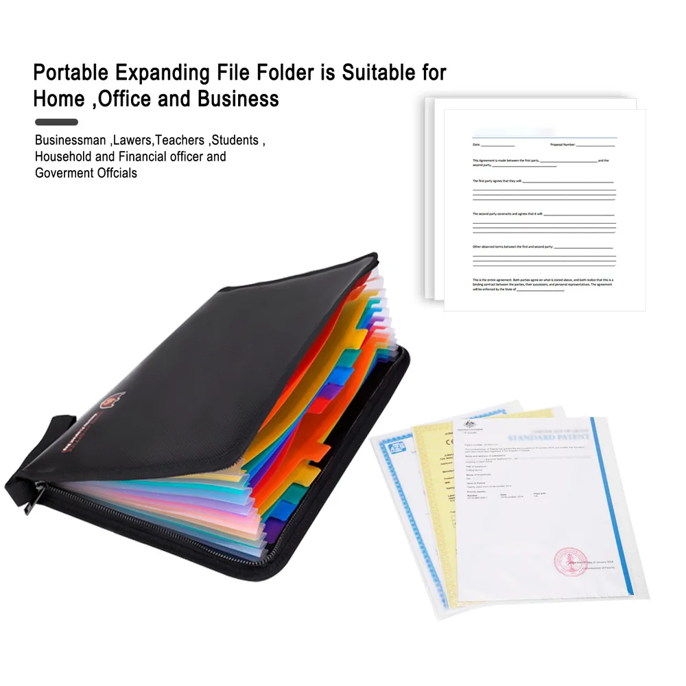Portable Fireproof Water Resistant Document Bag Large Capacity Money File Folder Safe Bag with A4 Size 12 Pockets Zipper Closure