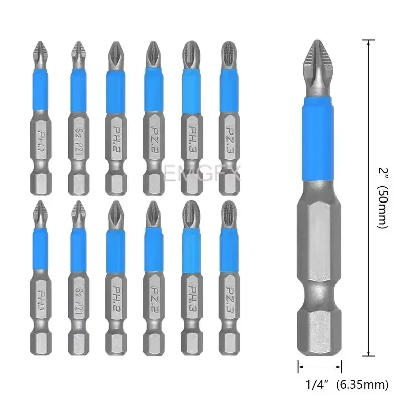 12PCs No-slip PZ1/PZ2/PZ3 Screwdriver Bit Sets for Drill Magnet S2 Alloy Steel Screwdriver Electric Impact 50/25mm PH1/PH2/PH3