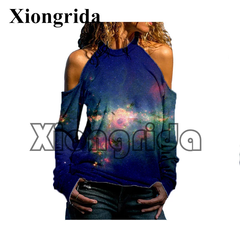 

Vintage Galaxy T shirt Women Casual Off Shoulder Tees 3D Universe Starry Sky Print Hip Hop Fashion Hollow Out Long Sleeve Tops