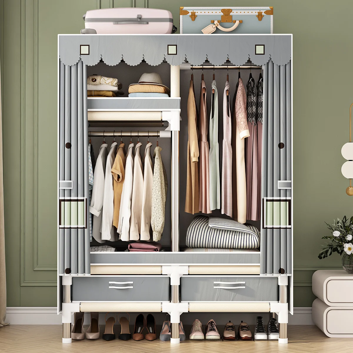 Storage Cabinet Spacious Durable Stainless Steel Wardrobe with Dustproof Cover for Bedroom Dorm Home