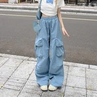 SweatPants Women Vintage Cargo Pants Fashion Elastic Waist Retro Oversized Solid Wide Leg Pant Casual Streetwear Baggy Trousers