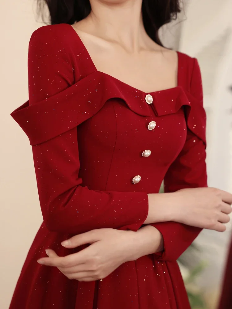 Women Red Long Sleeve Ruffled Square Collar Long Dress 2025
