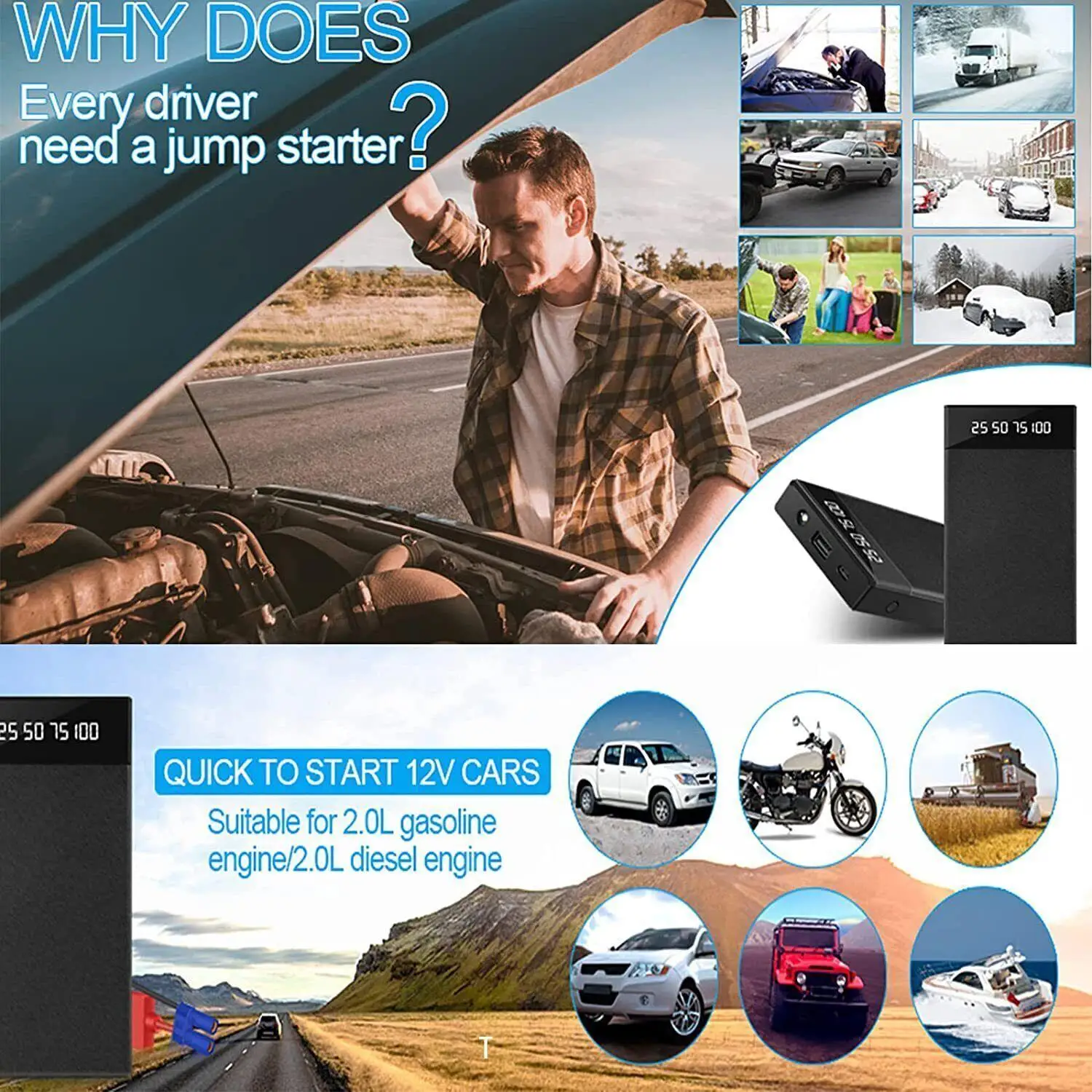 12V Portable Car Jump Starter 800A Auto Battery Booster Charger 12000mAh Power Bank