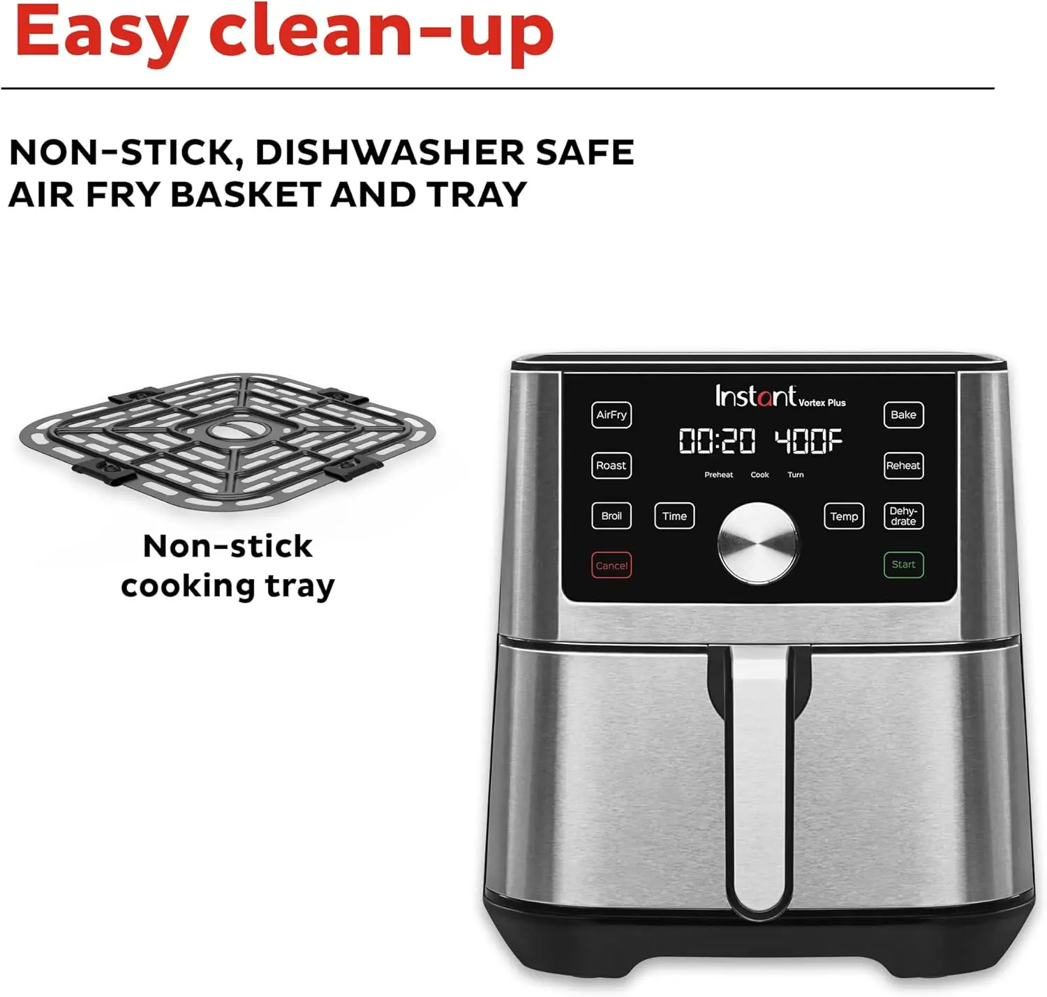 Vortex Plus 4QT Air Fryer Program Options 6-in-1 Functions Crisps Broils Roasts Dehydrates Bakes Reheats