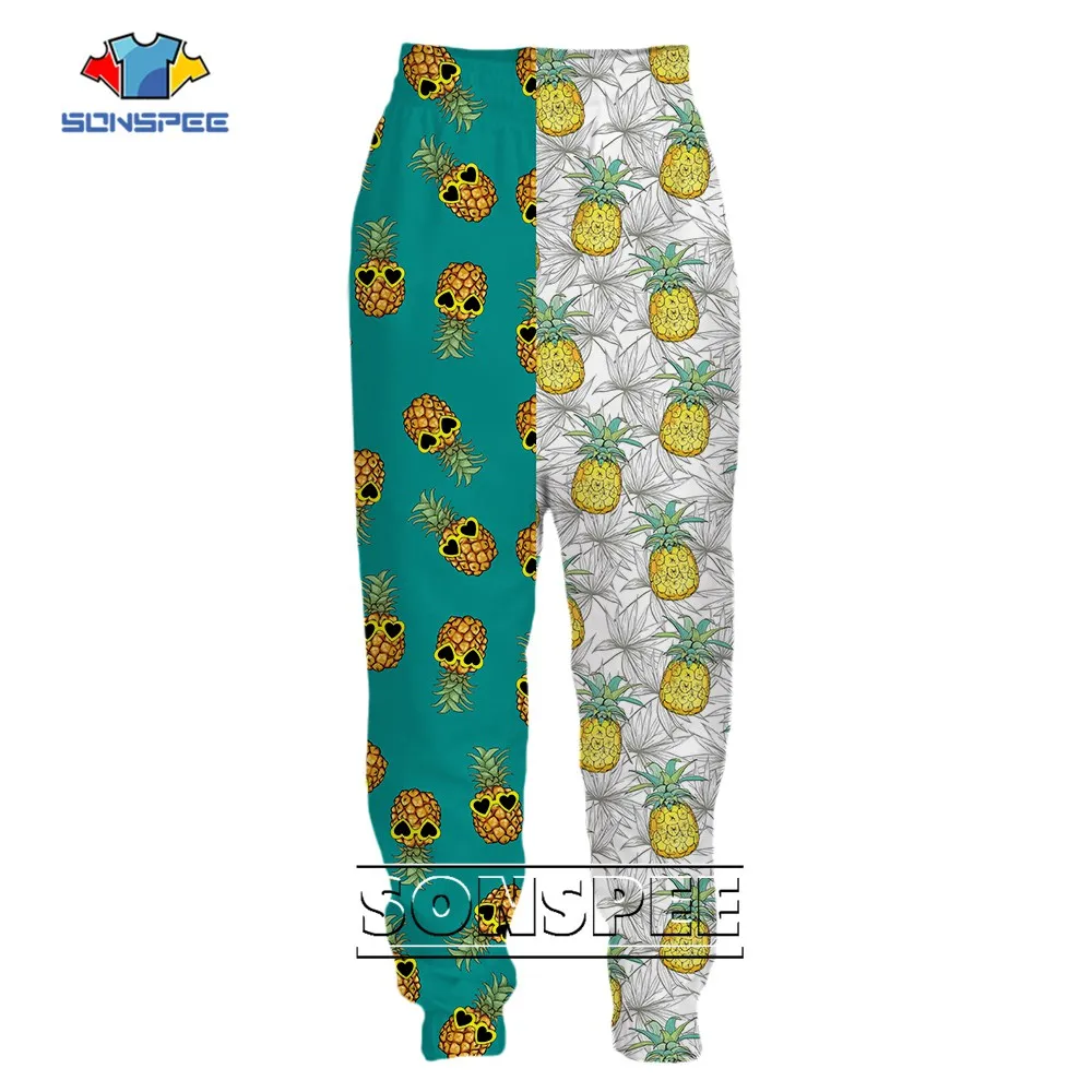 SONSPEE 3D Printing Asymmetrical Splicing Versatile Sweatpants Ladies Pants Patchwork Pineapple Casual Trousers for Women Men